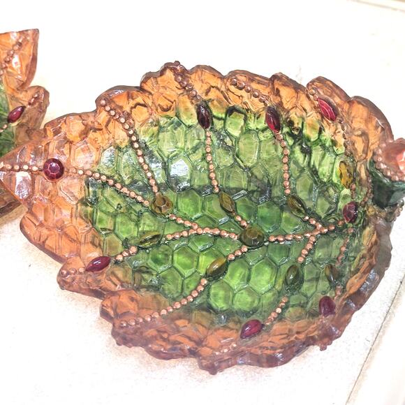 Two Resin Leaf Dishes Translucent Green and Brown 5.5" Long 1.5" Tall - Picture 4 of 7